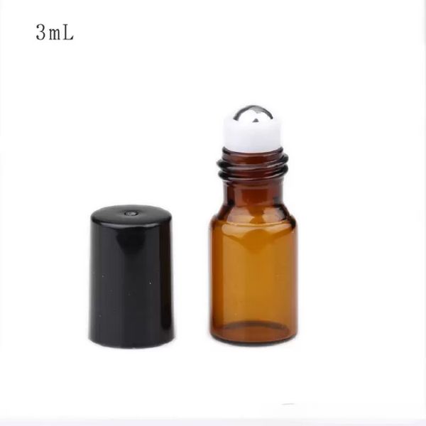 Venta al por mayor 3 ml 5 ml botella de vidrio ámbar Roll On botella de perfume de aceite esencial de viaje con bolas de acero inoxidable salida de fábrica