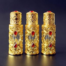 groothandel 3 ml Legering Glazen Parfumflesje Arabische Stijl Metalen Essentiële Oliën Fles met Dropper GOUD Kleur Vuwfn