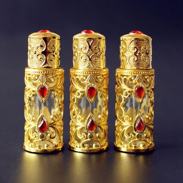 wholesale Bouteille de parfum en verre en alliage de 3 ml Bouteille d'huiles essentielles en métal de style arabe avec compte-gouttes en verre Couleur OR Ullif