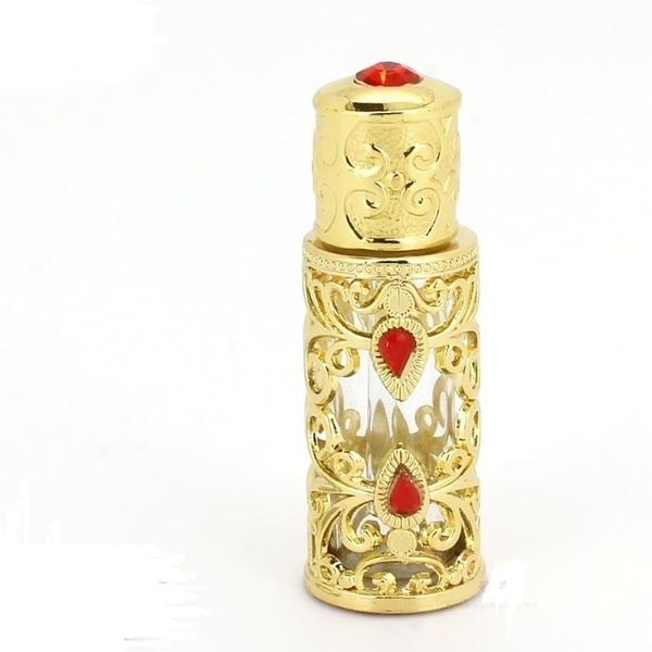 wholesale Botella de perfume de vidrio de aleación de 3 ml Botellas de aceites esenciales de metal de estilo árabe con gotero de vidrio Color dorado SN297