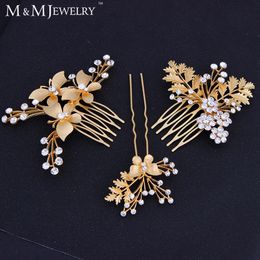 Gros-3pcs / set papillon en or 14 carats avec des feuilles peignes de mariée fleur de cristal accessoires de cheveux de mariage diadème TS022