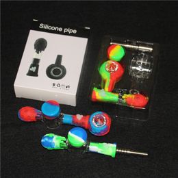 wholesale 4 en 1 Smoking Pipes Kit de nectar de silicone avec clou en titane de 14 mm et outil de dabber mini plate-forme pétrolière en verre pour conduite d'eau