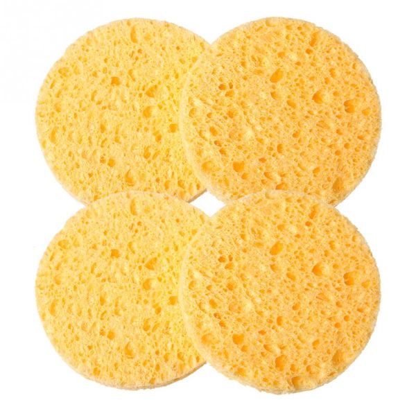 Venta al por mayor- 4 piezas de fibra de madera natural lavado de cara esponja de limpieza herramientas de maquillaje de belleza accesorios redondo amarillo 7 cm de diámetro envío gratis