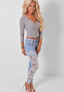 Wholesale- 40 1001 Plus Size Jegging Jeans voor Dames Skinny Hoge Taille met Kant Patchwork Ripped Boyfriend Jeans Lady Slanke denim Broek