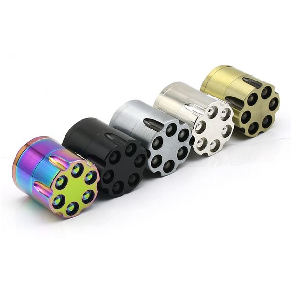 Vente en gros 40mm 3 couches Mini arc-en-ciel coloré métal Bullet Grinder 6 Shooter Revolver Métal tabac herbe sèche Grinder pour fumer