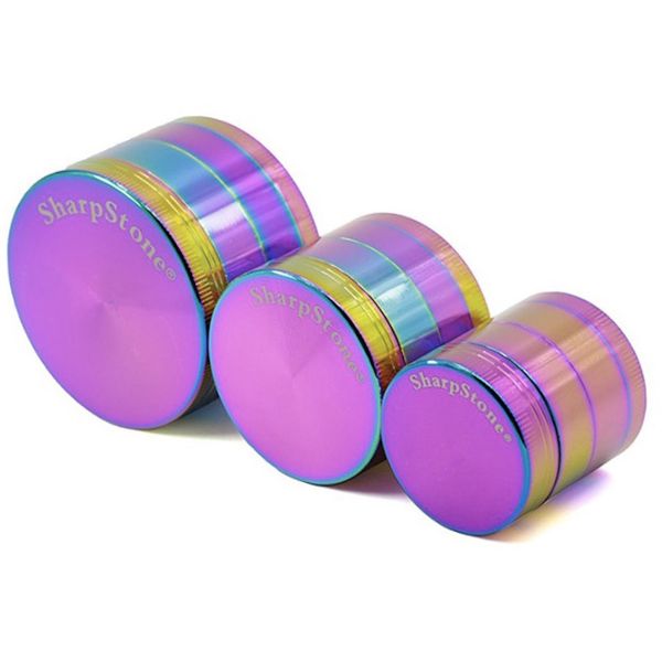 Venta al por mayor 40 mm / 55 mm / 63 mm 4 capas Rainbow Sharpstone Herb Spice CrusherGrinders Icublue Aleación de zinc Metal Molinillo de tabaco personalizado para fumar