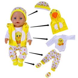 Groothandel 43-45 cm Poppen Kleding Kleding 17 inch Lovely Duck vijf-delige pak kostuum Baby Born American Girl Birthday Festival Gifts