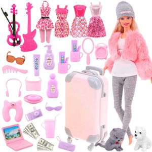 Groothandel 43 PCS Barbies Doll Apparel Roze Kleding Schoenen Accessoires Travel koffer Pak Fit 18inch American Girl Toys