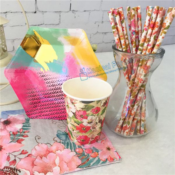 Vente en gros - 48 ensembles de vaisselle en papier floral Country Chic Party Supplies pailles de fleurs hexagone feuille assiettes en papier tasses premier décor d'anniversaire