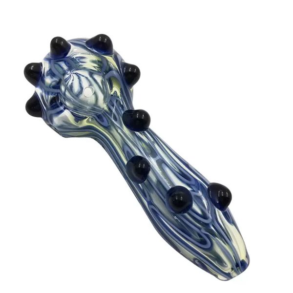 Vente en gros 4 pouces fumés à l'envers en verre Pipes à main Double Blue Stripe Frit Cuillère Pipe Black Marbles Fumer Brûleur Tabac Rig