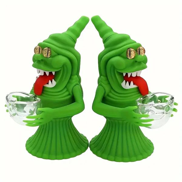 Gros 5,9 pouces Silicone visage vert longue langue monstre fumer eau Bong avec bol en verre plate-forme pétrolière accessoires pour fumer