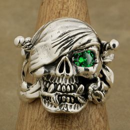 Groothandel-5 sterling zilver piraat schedel ring rose groen cz steen heren biker rock punk stijl 9W201 US maat 7 tot 15