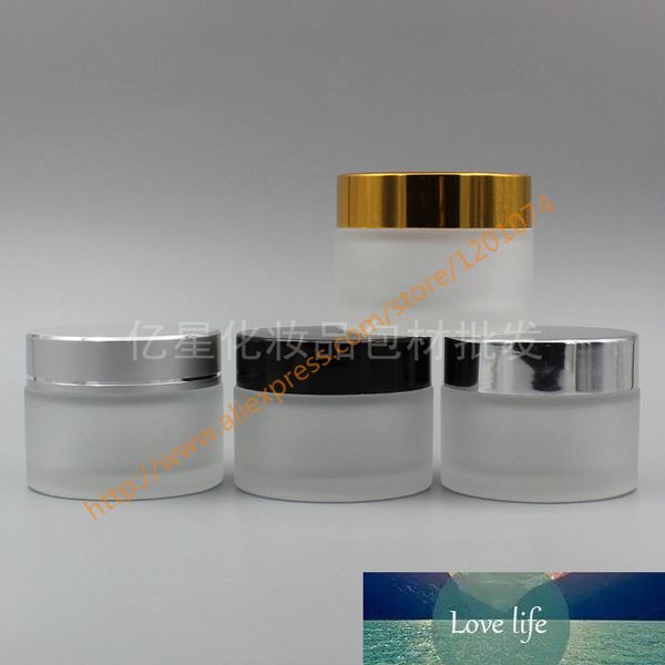 Al por mayor: frasco de crema de vidrio esmerilado transparente de 50 g con tapa de aluminio plateado brillante / negro / dorado / plateado mate, frasco cosmético de 50 gramos, recipiente esmerilado