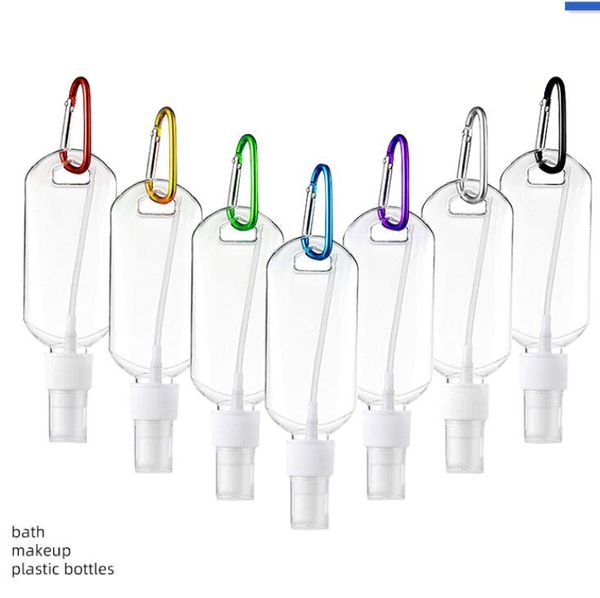 Bouteilles de pulvérisation vides en plastique de 50 ml, mini bouteille rechargeable d'alcool avec crochet porte-clés, bouteille transparente transparente de désinfectant pour les mains, facile à transporter pour les huiles de voyage