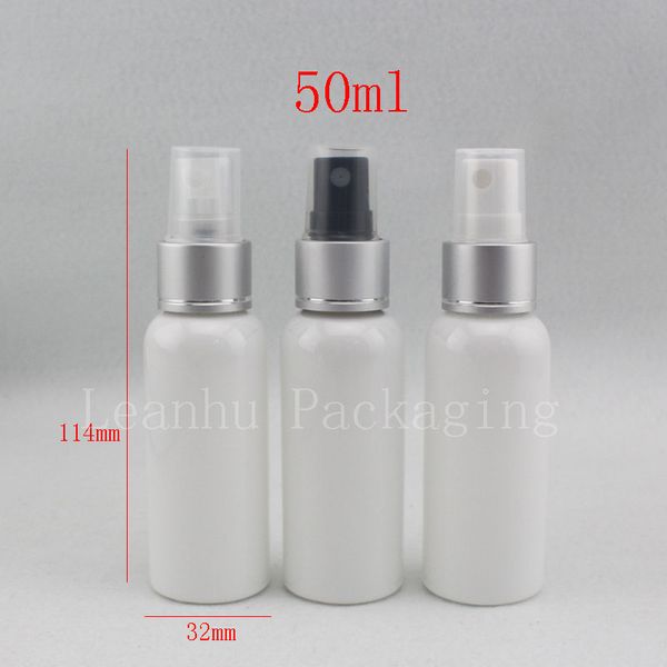 wholesale Bouteilles de parfum en plastique de pompe de buse de pulvérisation anodisée blanche vide de 50 ml, bouteilles de pulvérisateur de brouillard 50cc avec pompe, ensemble de voyage