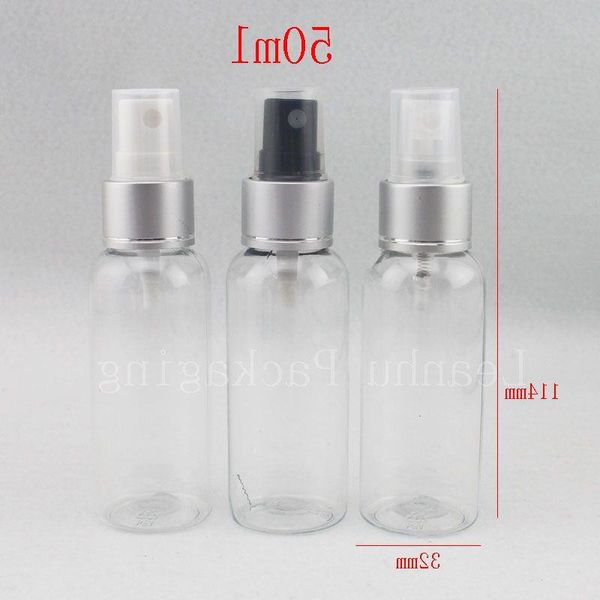 En gros 50 ml x 50 bouteille cosmétique transparente collier en aluminium argenté pompe de pulvérisation 50cc parfum bouteilles de pulvérisation de brouillard en plastique vides Xbikm