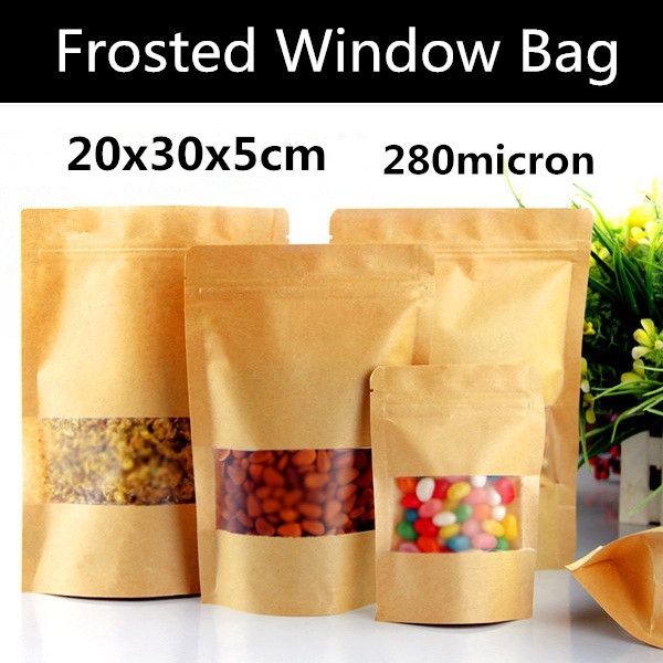 En gros 50 pcs 20x30 + 5 cm Grand Sac En Papier À Fenêtre Givrée Sac En Papier Ziplock Givré Livraison Gratuite