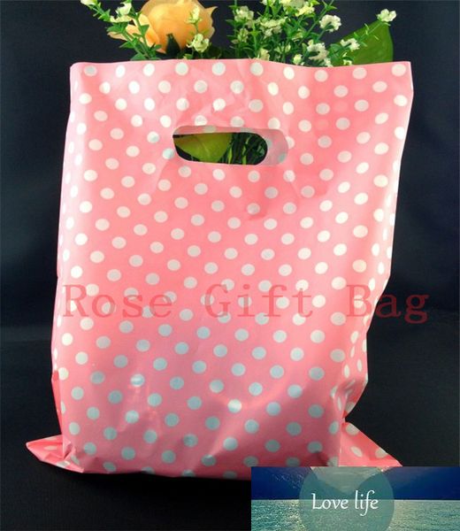 Venta al por mayor, 50 unidades por bolsa, puntos redondos blancos, plástico rosa, 25x35cm, embalaje de joyería para compras, bolsa de regalo de plástico con asa