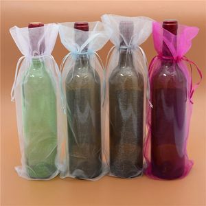 Groothandel 50 stks / partij 15x38cm Trekkoord Organza Tassen Wijnfles Houder Pouches Christmas Wedding Party Gift Wikkelbenodigdheden