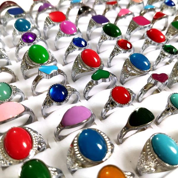 Venta al por mayor 50 unids/lote coloridos anillos de plata esmaltados con diamantes de imitación para mujer anillos de dedo bonitos para mujer regalo de fiesta lotes de joyería de moda