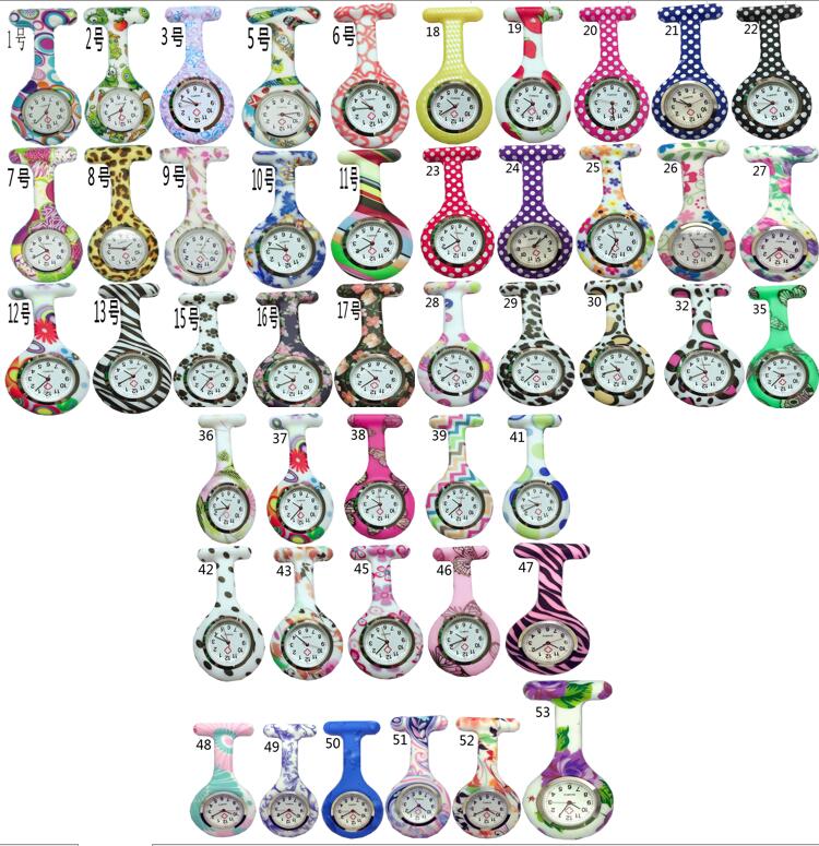 Venta al por mayor 50 unids/lote mezcla 53 colores nuevo reloj de enfermera broches de silicona leopardo pilas tipo túnica reloj de enfermera NW001