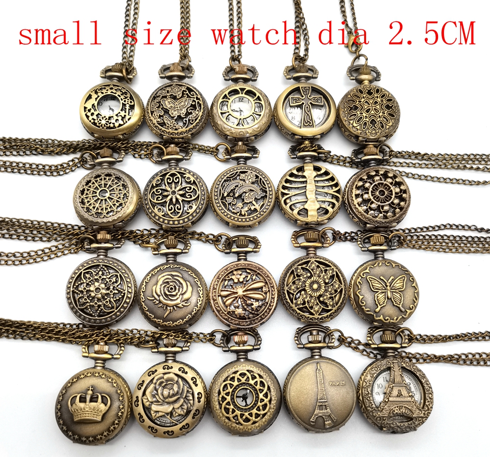 Wholesale 100pcs/lot Mix 30 Designs Case Dia 2.5CM Pendant Chain Quartz Bronze Small Crown Watch Pocket Watch