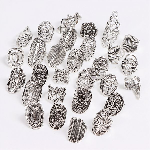 Bagues ethniques rétro pour hommes et femmes, 50 pièces/lot, plaqué argent Antique, motif de fleurs sculptées, mélange de styles, bijoux Vintage, cadeau de fête, vente en gros