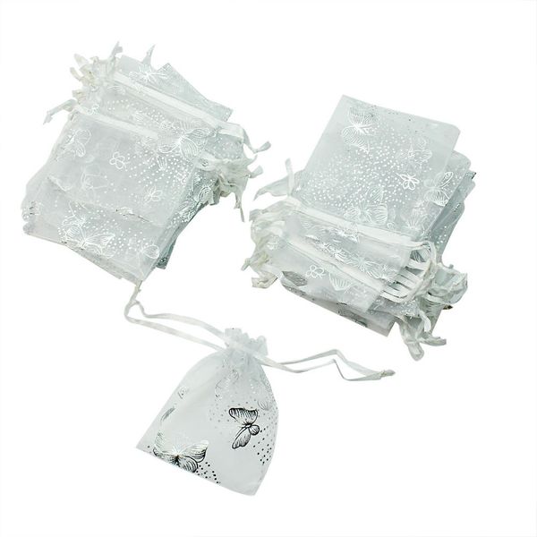 Venta al por mayor- 50 unids / lote pequeña mariposa blanca organza regalo de la joyería bolsas de dulces con cordón bolsas de embalaje favores del banquete de boda de navidad 7x8 cm