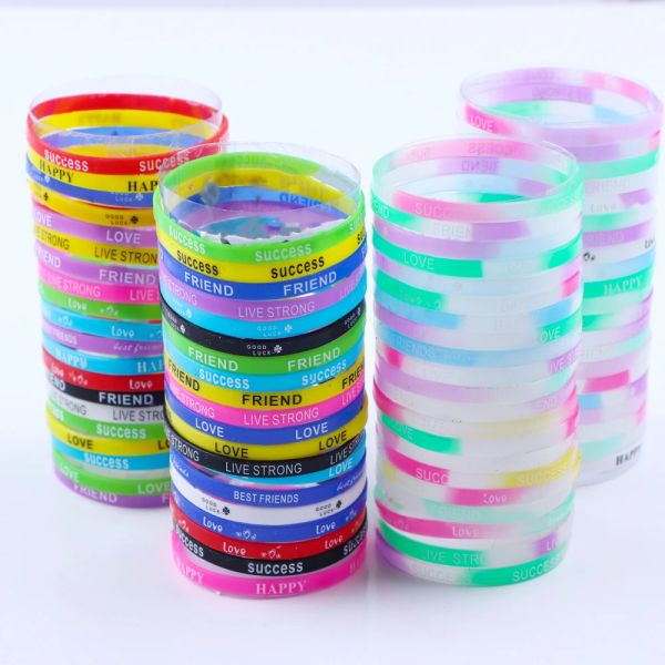 En gros 50pcs / lot Trendy Simple Silicone Lumin Lumin Sport Bracelets Bijoux For Women Men Mix Style Party Family Family Friendship Gift