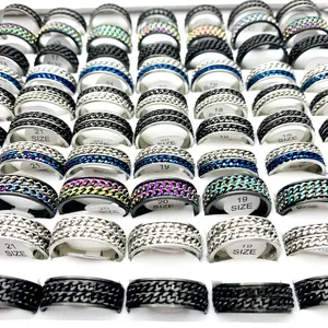 Venta al por mayor, 50 Uds., anillos de banda de acero inoxidable, Spinner, cadena giratoria doble, colores plateados y negros, accesorios de joyería de moda para hombres y mujeres