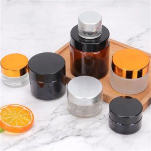 groothandel 5g 10g glazen fles cosmetische zalfpotje matte heldere amberbruine container met zwart zilver gouden deksel LL