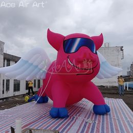 Venta al por mayor, 5 m L, cerdo volador inflable de dibujos animados, modelo animal de cerdito rosa con alas para decoración o fiesta de festival de cine