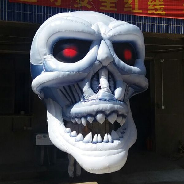 wholesale 5 mH (16,5 pieds) vente en gros de tête de crâne gonflable géante de décoration d'Halloween modèle de squelette suspendu avec ventilateur interne pour la publicité sur scène