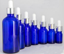 Groothandel 5 ml 10 ml 15 ml 20 ml 30 ml 50 ml 100 ml lege cosmetische druppelaar flessen blauwe oogvloeistofpipetflessen met zilveren doppen