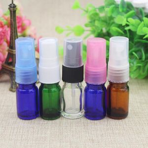 Venta al por mayor 5ml 10ml botella de vidrio vacía con rociador de perfume marrón verde azul y botella de rociador de aroma transparente