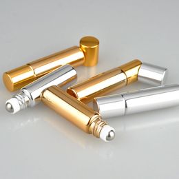 Groothandel van 5 ml elektroplate UV Glass Roller flessen Lege Refilleerbare Roller Ball Parfumfles met gouden zilveren zwarte dop