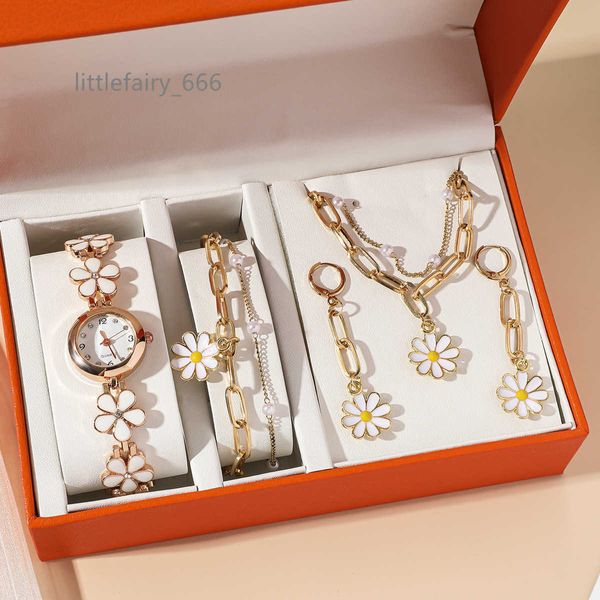 En gros 5 pc/ensemble marguerite plaqué or trombone chaîne boucles d'oreilles collier Bracelet montre à main avec boîte pour les femmes