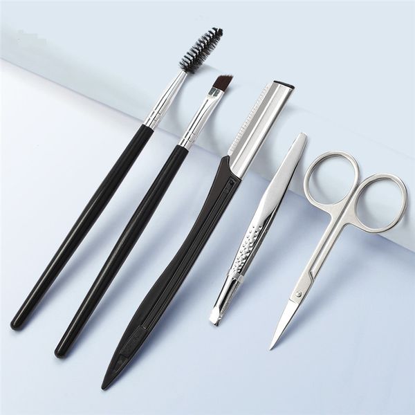 Kit de recorte de cejas, 5 uds., maquillaje de ojos, tijeras de acero inoxidable, cuchillo para cejas, pinzas, cepillos, herramientas, accesorios
