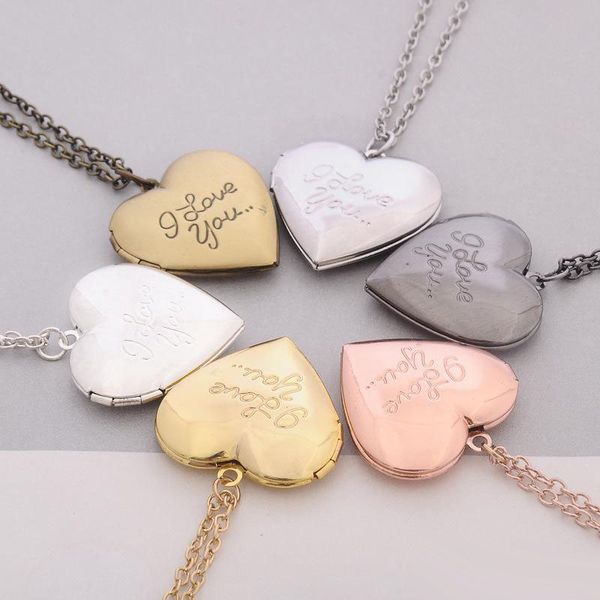 Venta al por mayor- 6 colores Valentine Lover Gift Word I Love You Designs Photo Frames Can Open Locket Pendant Charm Collares Heart Pendants