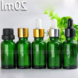 Al por mayor 625pcs 20 ml de botellas de pipeta líquida de vidrio 20 ml de gotera verde botellas de aceite de caída aromaterapia botellas de embalaje 5 tapas a choo dcfs