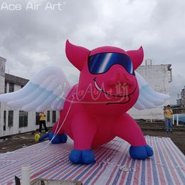 Groothandel van 6 ml (20ft) met blazer opblaasbare cartoon vliegende varken roze varkensvarkentjesmodel met vleugels voor filmfestivaldecoratie of feest