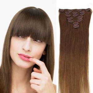 Vente en gros - 140g / pc 8pc / set # 6 brun clair 100% cheveux humains / pinces à cheveux péruviennes dans les extensions vraie tête pleine haute qualité