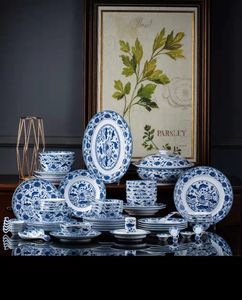 Conjuntos de vajillas al por mayor de 80 piezas imitación de porcelana yuan dynasty vajilla de cerámica azul y blanca para coleccionar