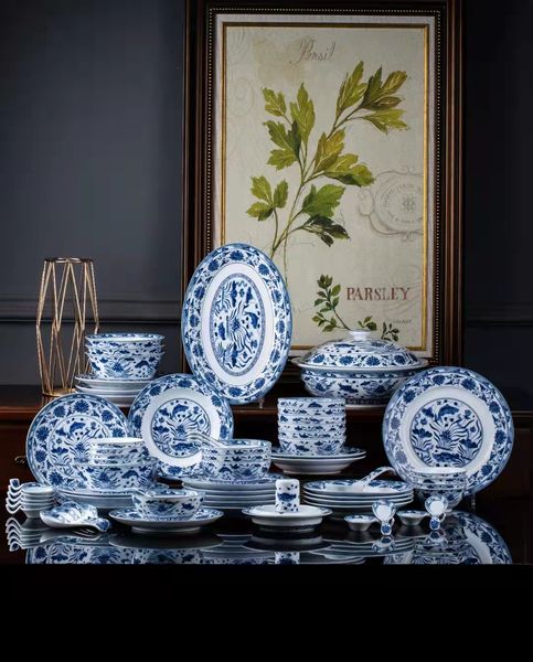 Ensembles de vaisselle en gros 80 pièces en porcelaine Imitation Yuan Dynasty Ensemble de vaisselle en céramique bleu et blanc pour collection