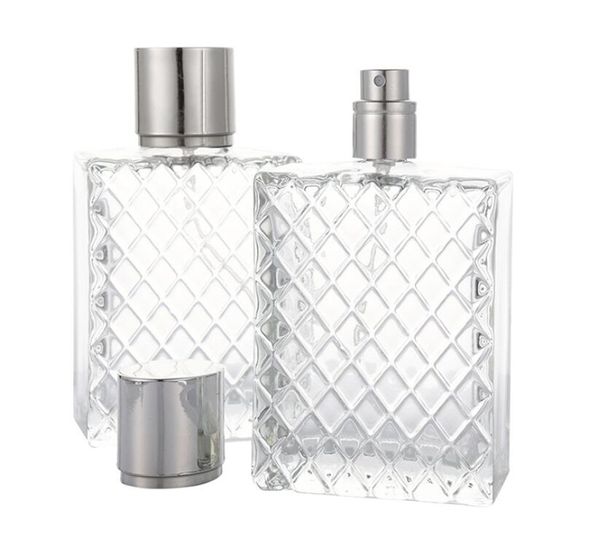 En gros 80 ml grilles carrées bouteilles de parfum sculptées flacon pulvérisateur en verre transparent vide rechargeable fine brume atomiseur atomiseurs portables contenants de parfum pulvérisateur