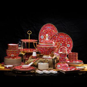 JINGDEZHEN Ensembles de Vaisselle Originale Porcelaine Dorure Rouge Richesse Honneur Classique Place Impériale Style 86 Pcs Vaisselle Plats Assiettes Pot à Soupe Bols Ensembles pour Cadeau