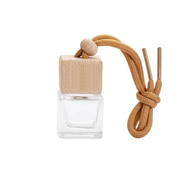 En gros 8 ml vide verre clair bouteilles de parfum de voiture bouteille de désodorisant avec bouchon à vis en bois accrocher la chaîne pour les décorations ZZ