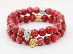 Groothandel 8mm Rode Zee Sediment Imperial Stone Beads Real Gold Platedplatinum Skull Armband, Exquisite Party Gifts