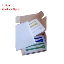 Groothandel 8 stuks 4 kleuren geel/groen/blauw/transparant glas oliebrander box set, hoge kwaliteit goede verpakking oliebrander glas met doos