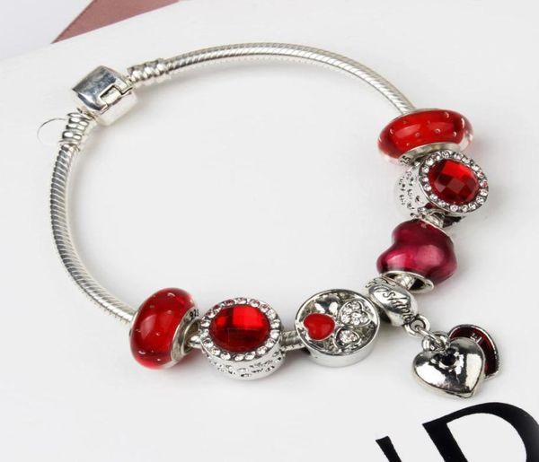 Wholesale-925 Murano Red Glass Charm Beads Bracelet pour femmes / enfant Original Brican Bijoux Fit Christmas Gift Jewelry2094779